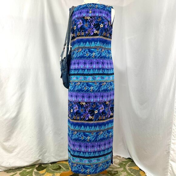 KATHIE LEE 90s Purple Blue Tropical Hawaiian Print‎ Maxi Dress Womens M Vacation - Picture 1 of 5